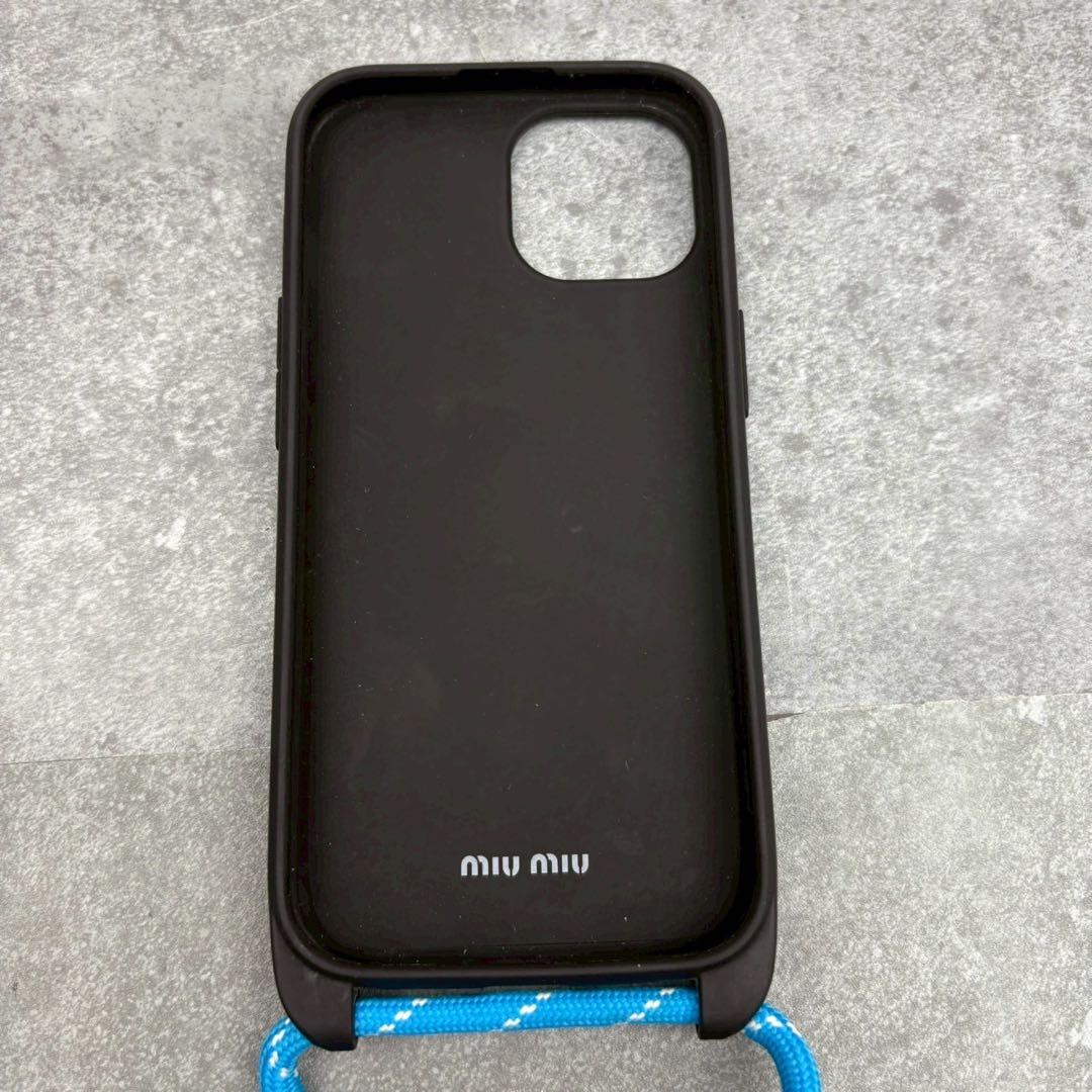 極美品 ミュウミュウ iPhone15 スマホケース ストラップ カバー ブルー