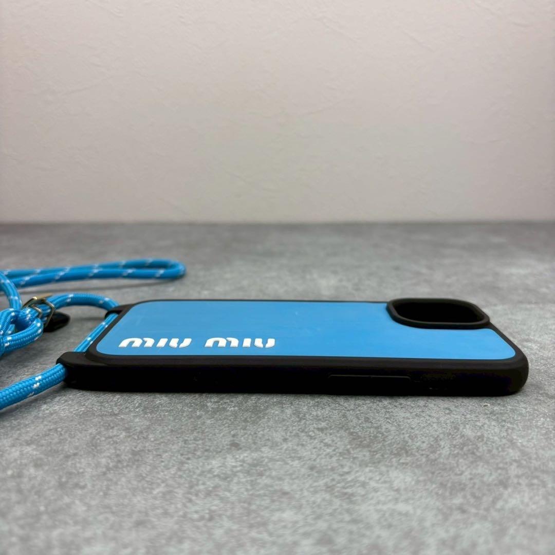 極美品 ミュウミュウ iPhone15 スマホケース ストラップ カバー ブルー