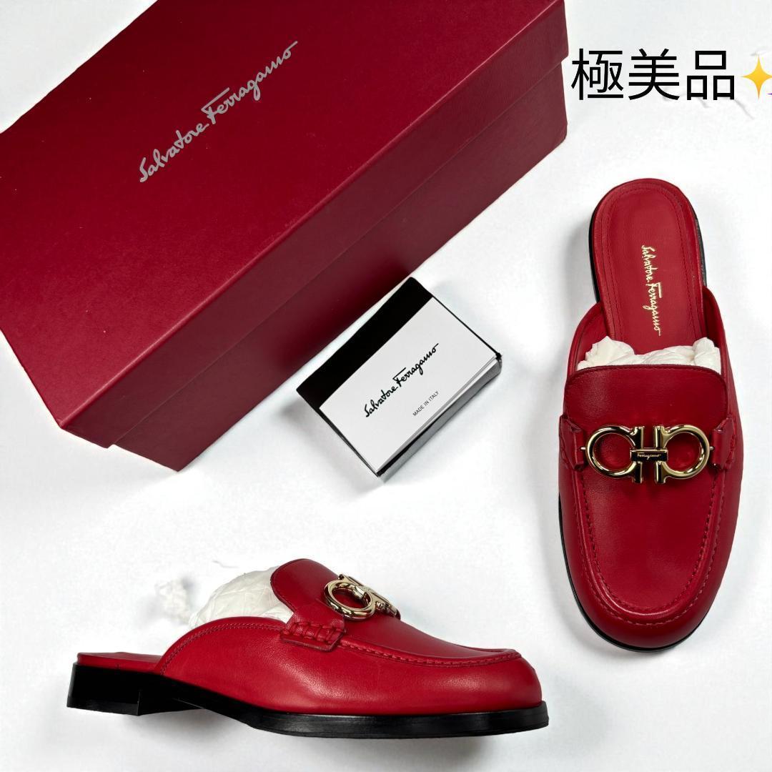 新品級 フェラガモ ガンチーニ ミュール 赤 6D 23.5cm レディース