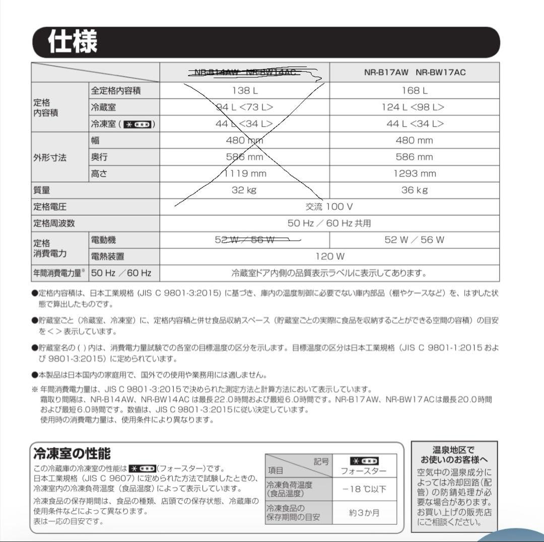 panasonic 冷蔵庫NR-BW17AC