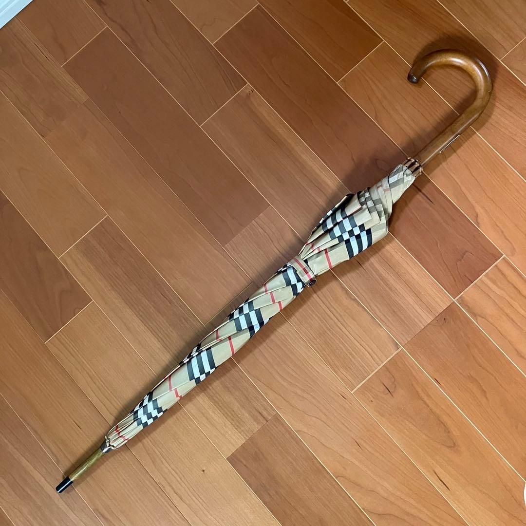 【美品】バーバリーズ 長傘 ノバチェック ロゴ 持ち手・取手木製 シュリンク付き