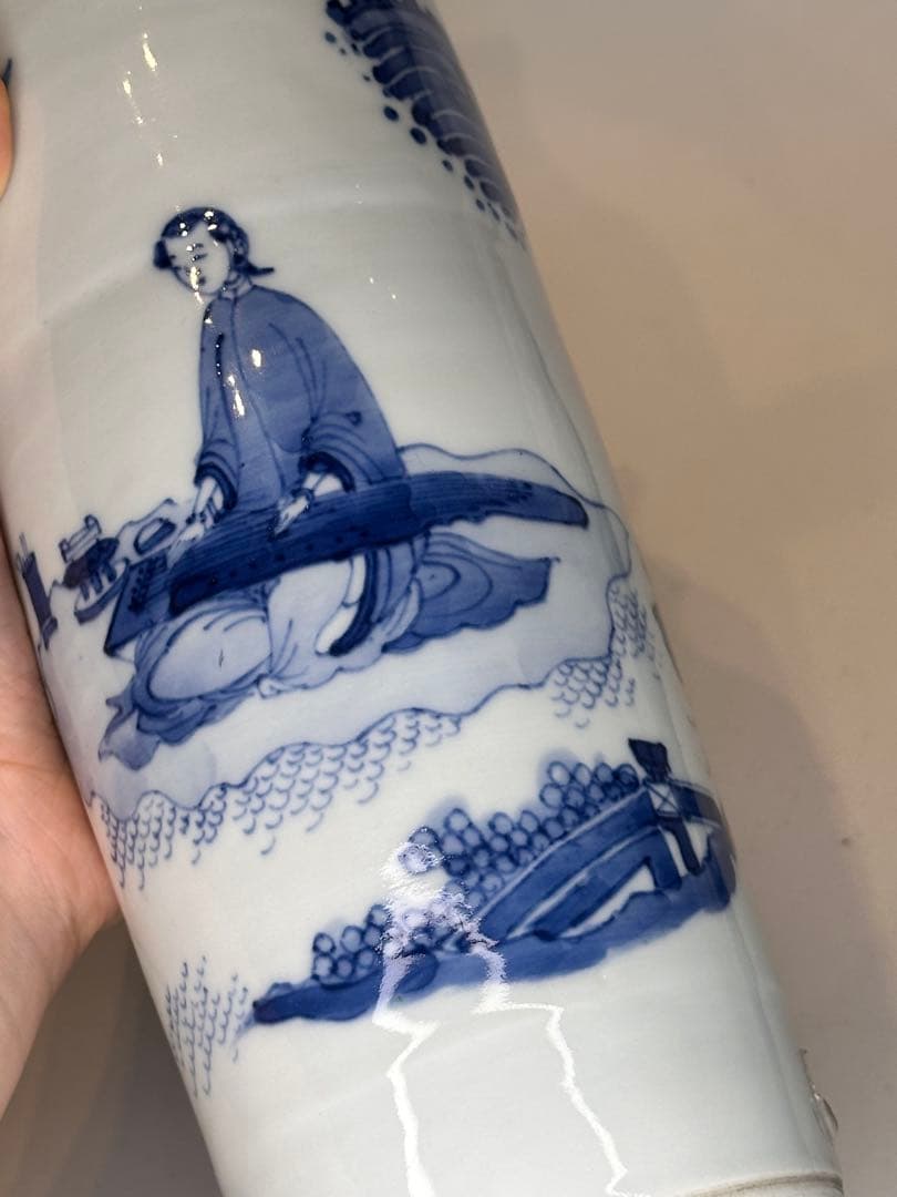 明代青花染付 人物文 花瓶 文物商店ラベル付 底部に封蝋あり 中国古陶磁 骨董品