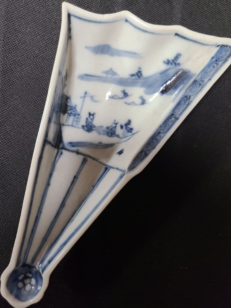 九谷焼須田菁華染付船人物文半開扇向付2客