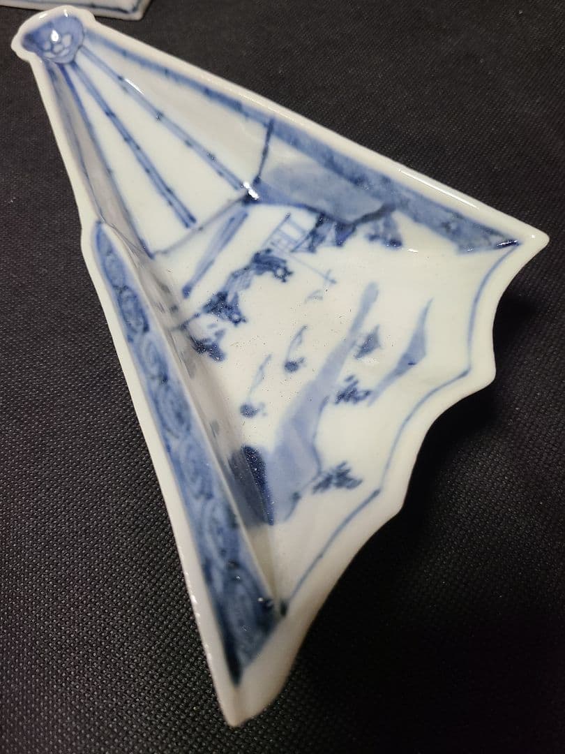 九谷焼須田菁華染付船人物文半開扇向付2客