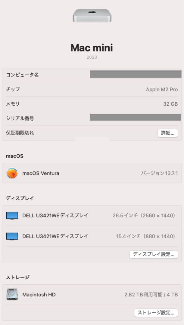 Mac mini M2 Pro A2816 メモリ32GB SSD4TB