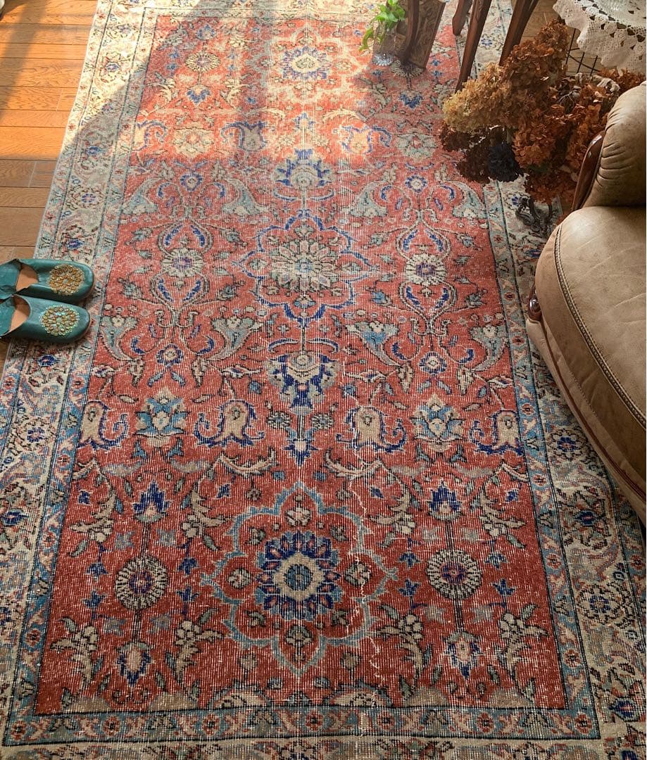 超大判　トルコヴィンテージラグ　234× 132 テラコッタオレンジ　ボタニカル