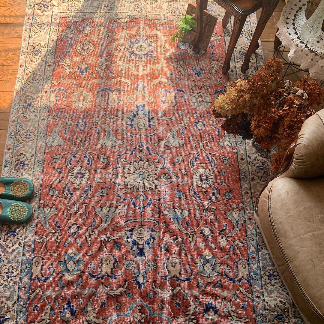超大判　トルコヴィンテージラグ　234× 132 テラコッタオレンジ　ボタニカル