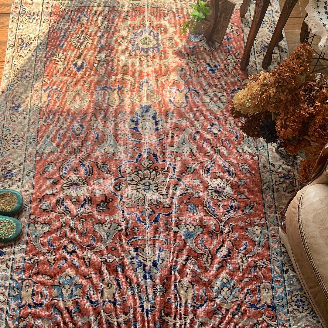 超大判　トルコヴィンテージラグ　234× 132 テラコッタオレンジ　ボタニカル