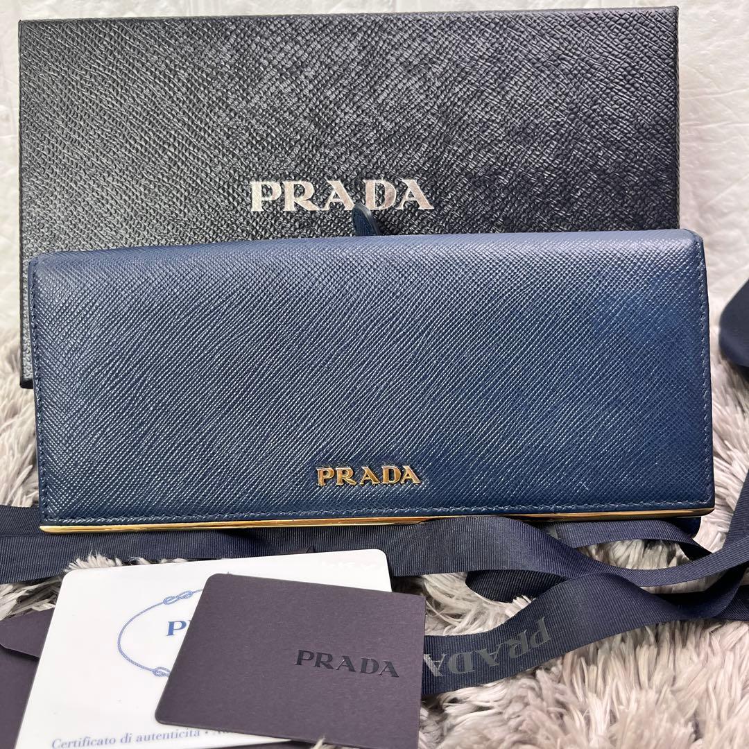 美品✨PRADA サフィアーノ　メタルバー　メタルロゴ　ネイビー　長財布