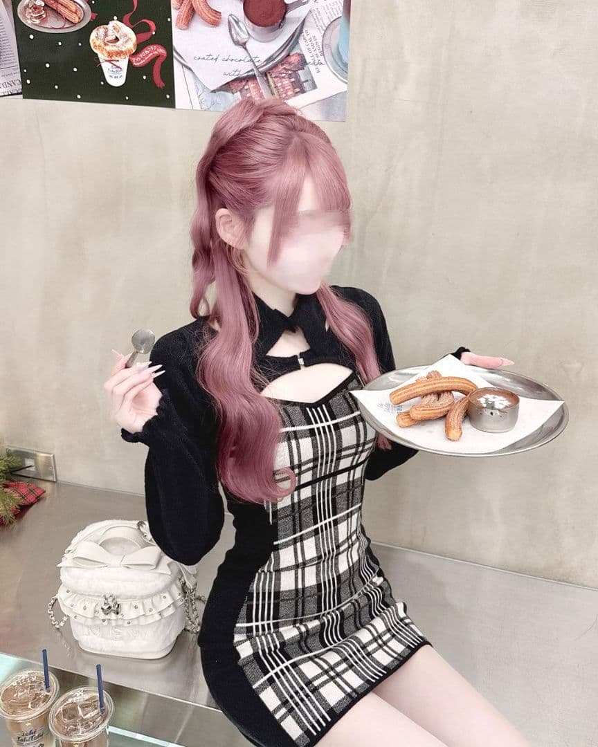 ミシェルマカロン　ハニーミュウ　チェックレイヤードアンサンブルワンピース　黒