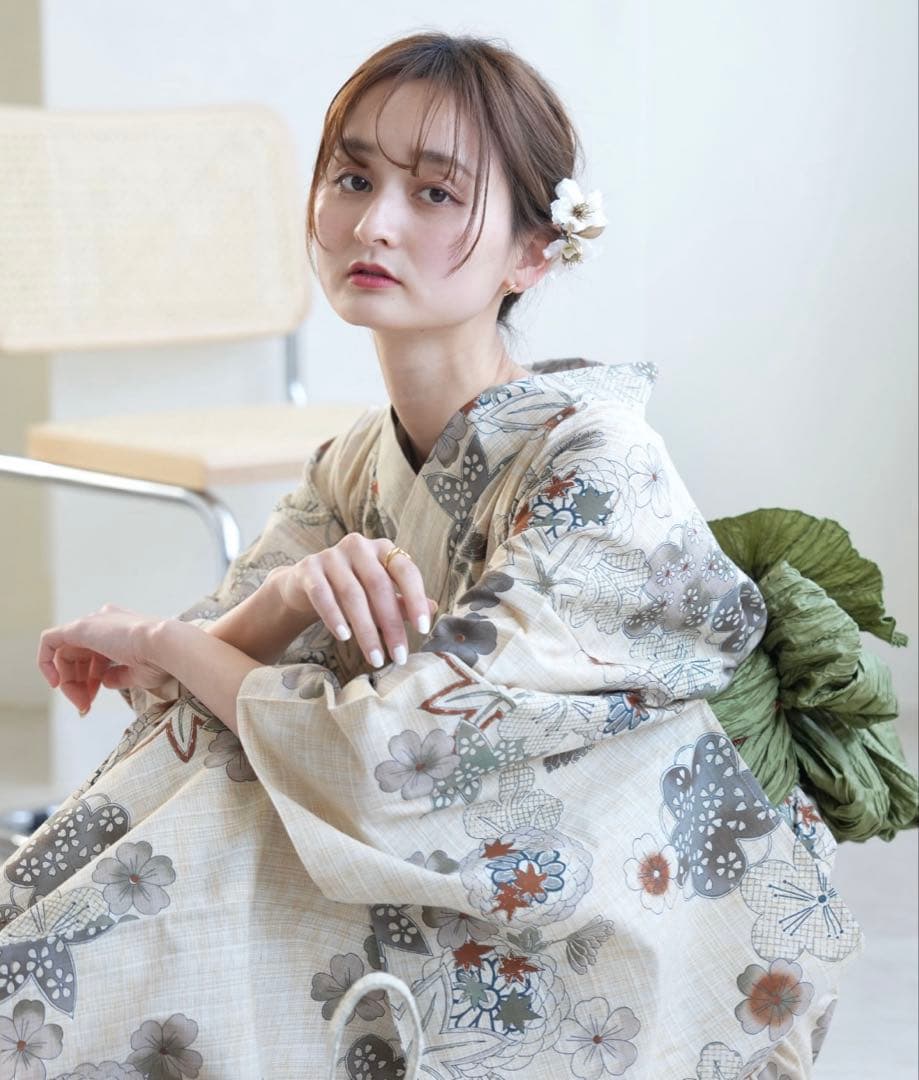 utatane 浴衣3点セット オフホワイト＆先染めベージュ風