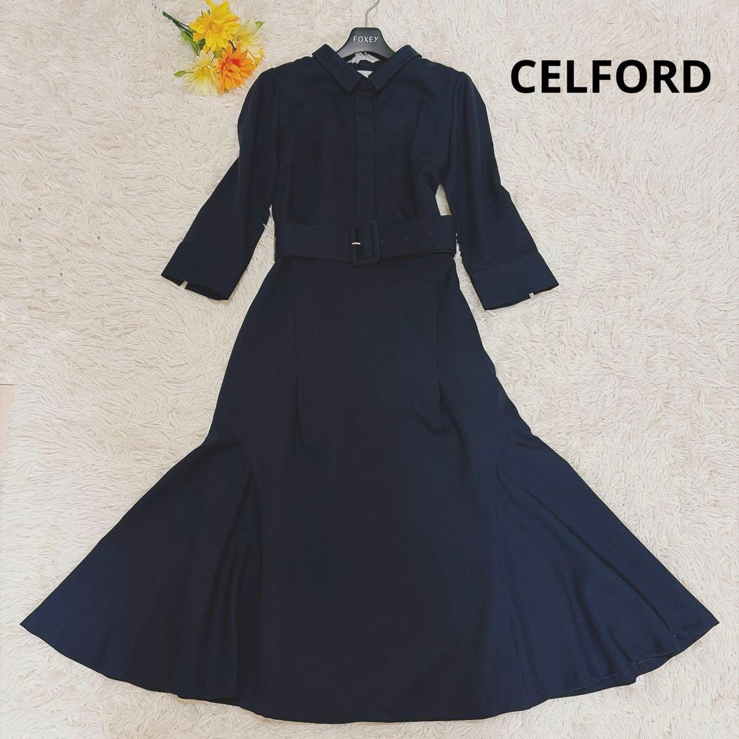 美品✨セルフォード 襟 ロングワンピース フレア ベルト セレモニー 比翼ボタン