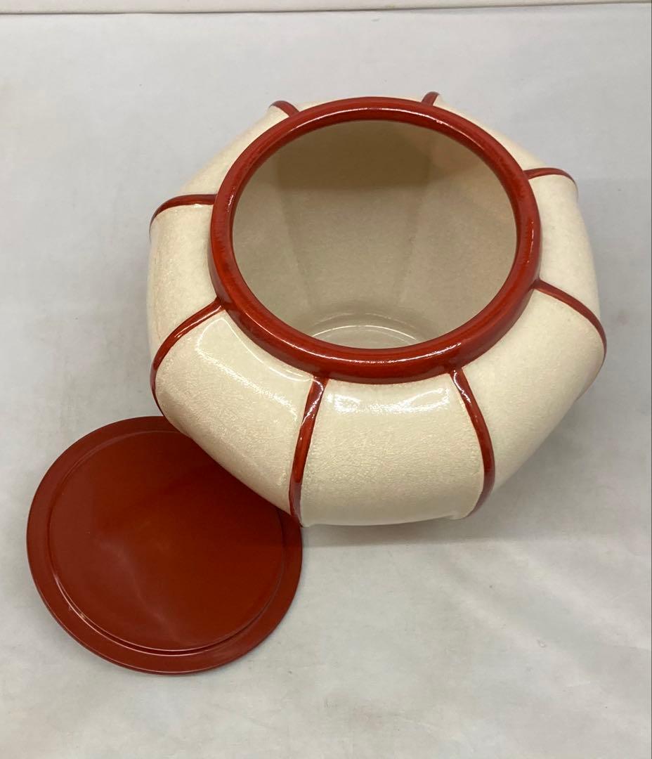 B380b 「ぼんぼり 水指」西尾瑞豊造　共箱　萬古焼　木製朱漆塗蓋付　祭夜桜