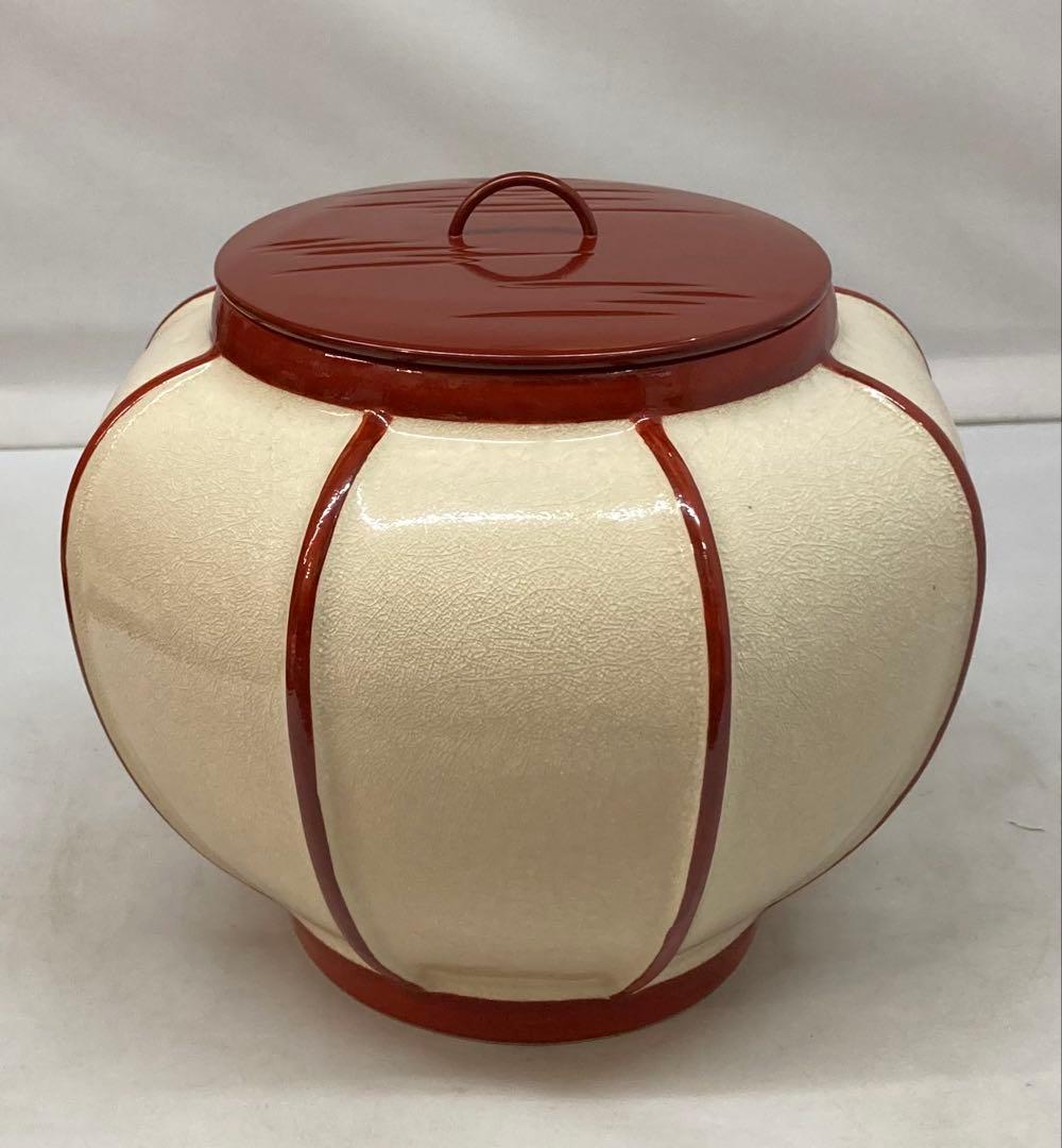 B380b 「ぼんぼり 水指」西尾瑞豊造　共箱　萬古焼　木製朱漆塗蓋付　祭夜桜