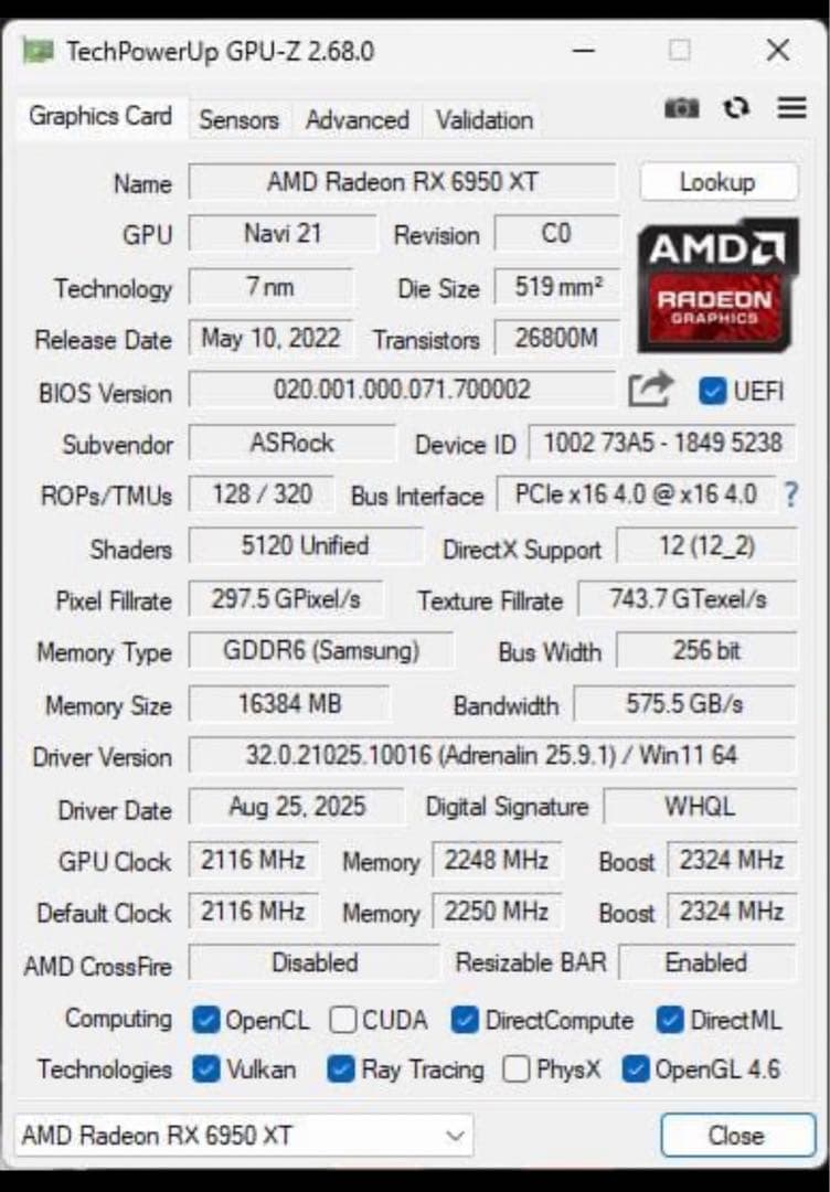 グラフィックボード・グラボ・ビデオカード Asrock Radeon RX 6950 XT Phantom Gaming