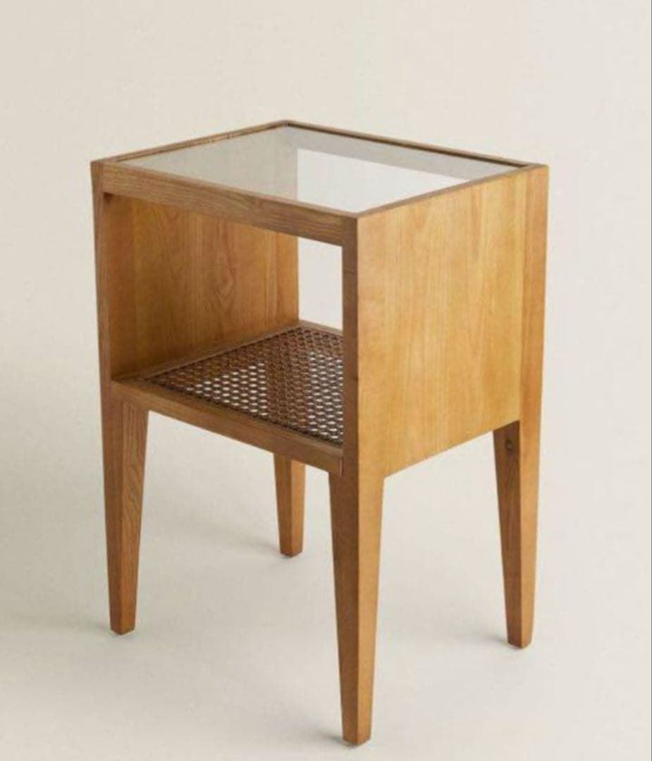 【ZARA  ザラホーム】サイドテーブル　ガラス×ラタン×ウッド