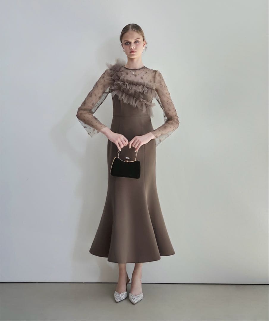 Leja フラワーモチーフアシンメトリーチュールマーメイドワンピースドレス