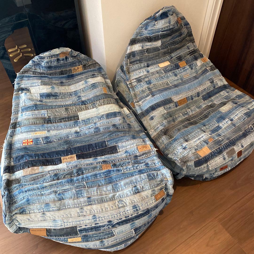 デニム生地　ビーズクッション　2つセット　ソファー　パッチワーク