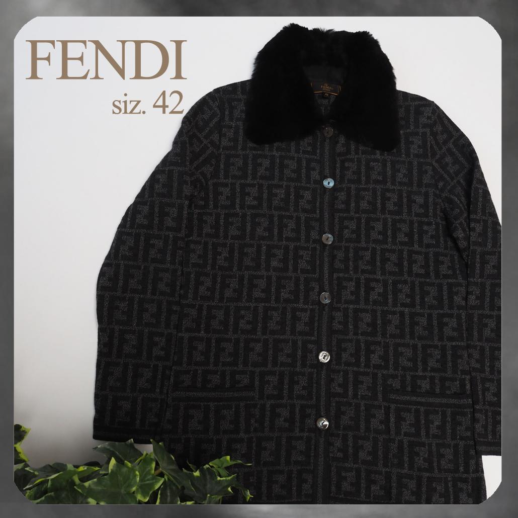 80s 90s FENDI ズッカ柄 ラビットファー ロゴ総柄ニットコート 42