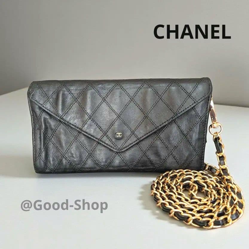 シャネル　ビコローレ　長財布　ラムスキン　黒　スマホケース　札入れ　チェーン