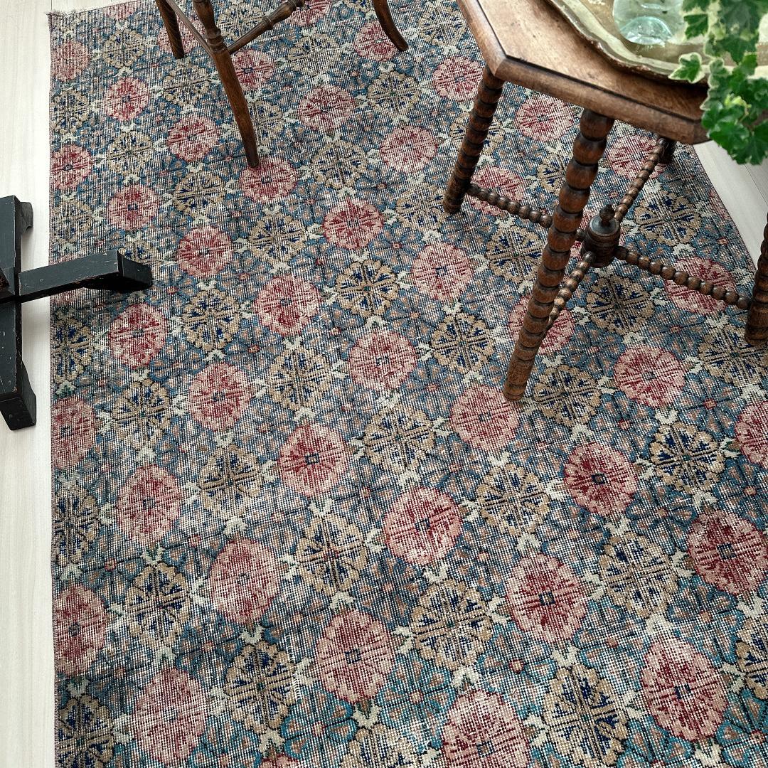 トルコ ヴィンテージラグA3 大判 レア ブルー グレー ベージュ ピンク