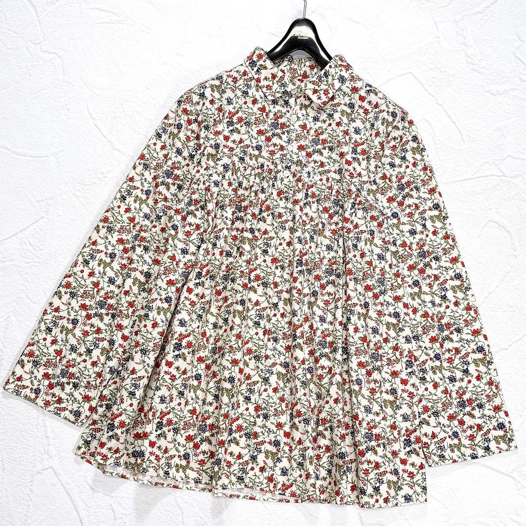 ✨美品✨45R　ブラウス　チュニック　前開き　花柄　総柄　ギャザー　マルチカラー