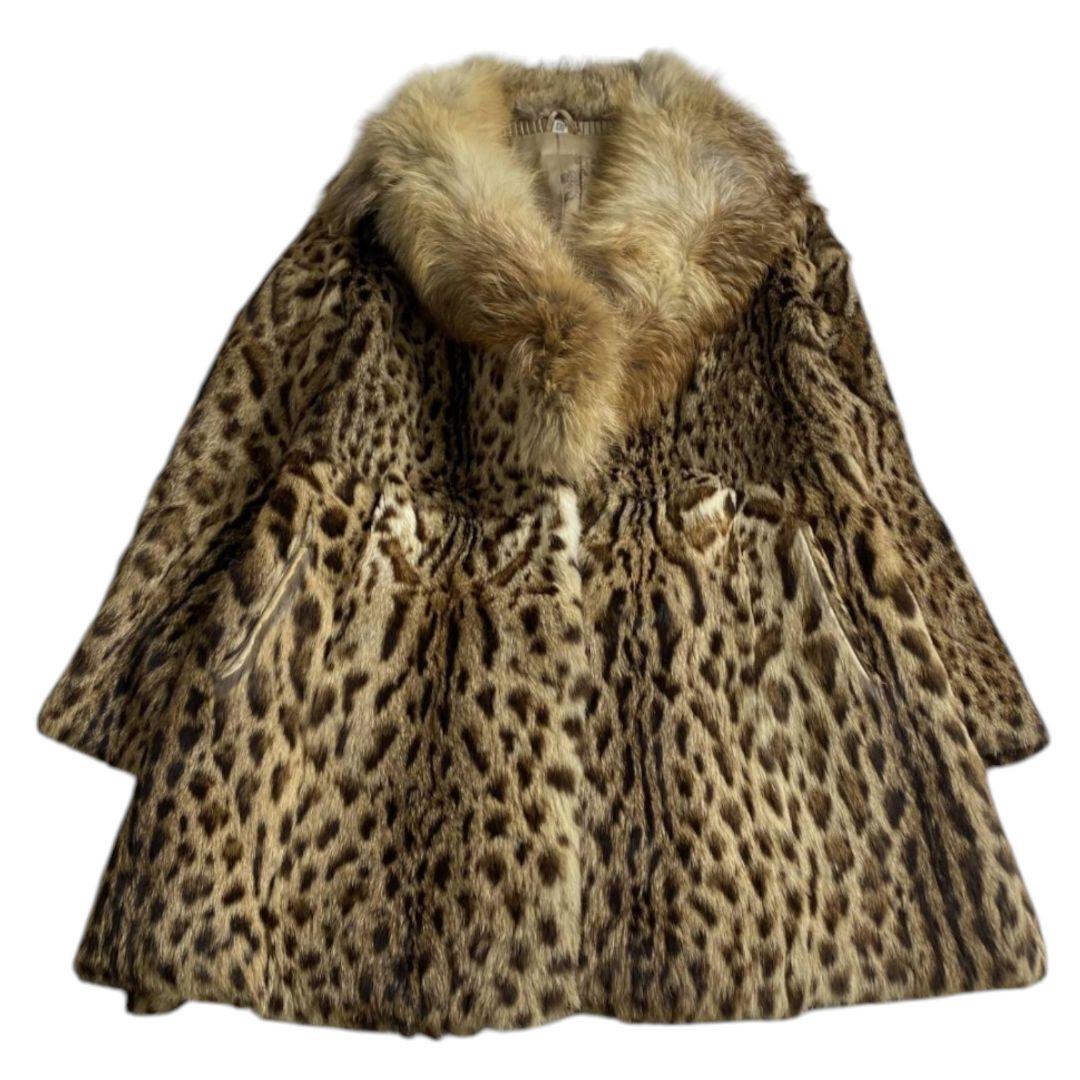 ファーコート　リアルファー　ヒョウ柄　シルク　サイズL