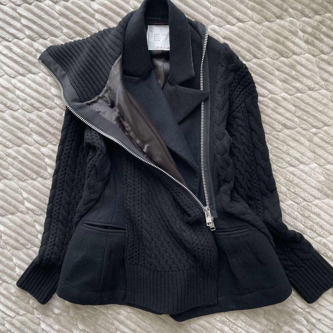 sacai ぺプラム ウールメルトン ニットドッキング ライダースジャケット