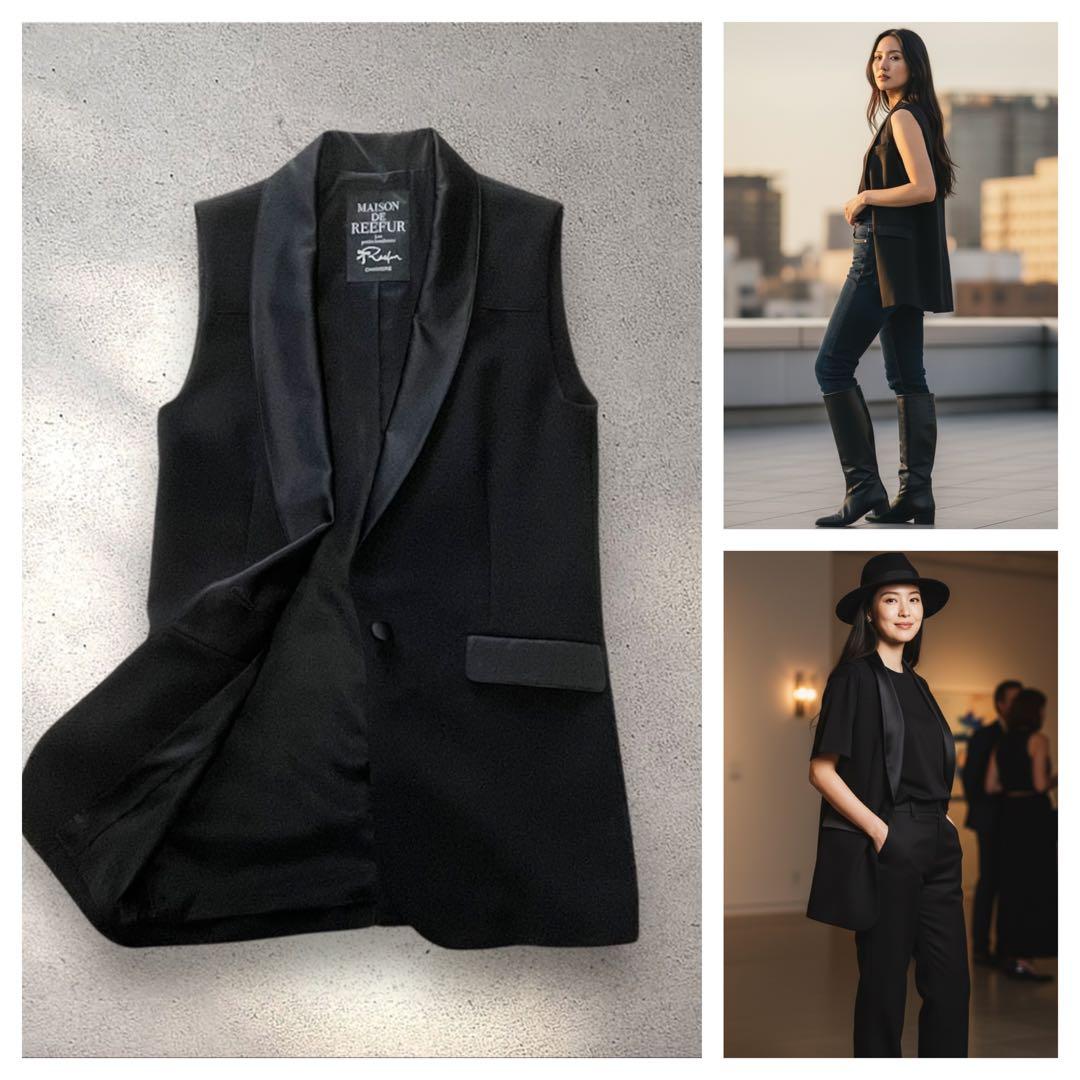 美品 リーファー ドレスジレ 38 黒 梨花 CHAMBRE ショールカラー