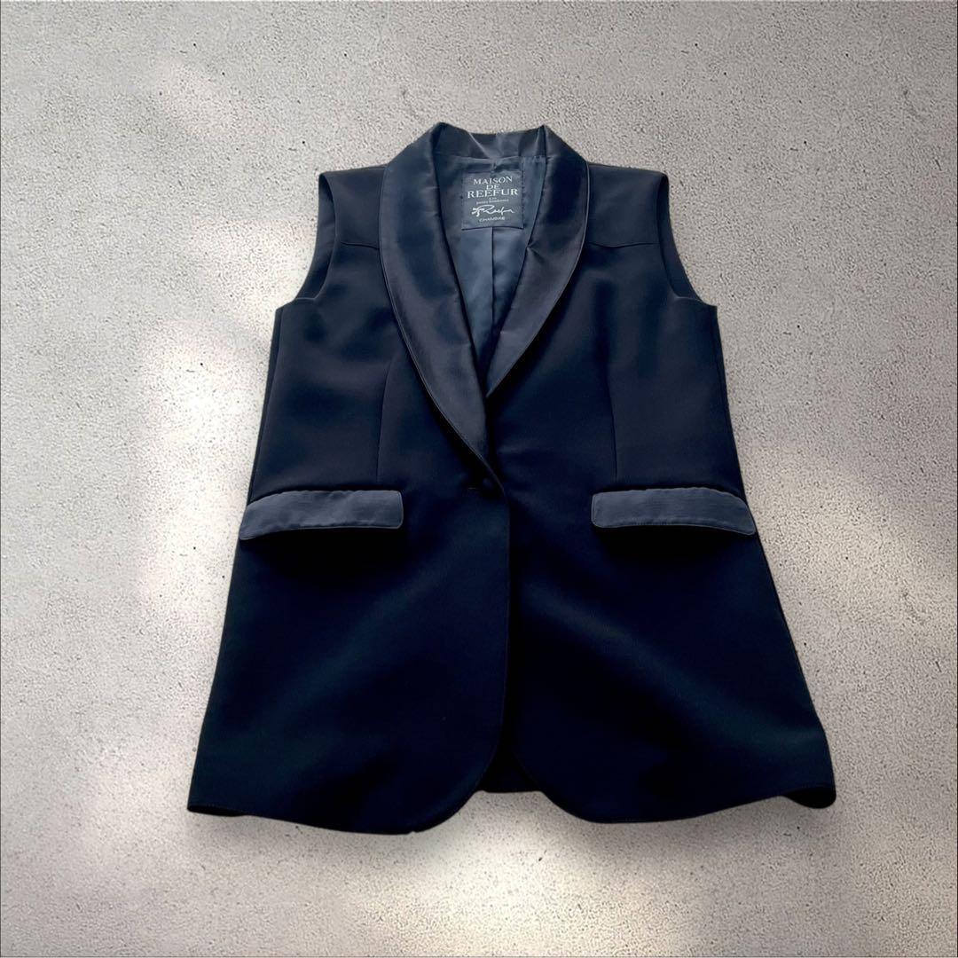 美品 リーファー ドレスジレ 38 黒 梨花 CHAMBRE ショールカラー