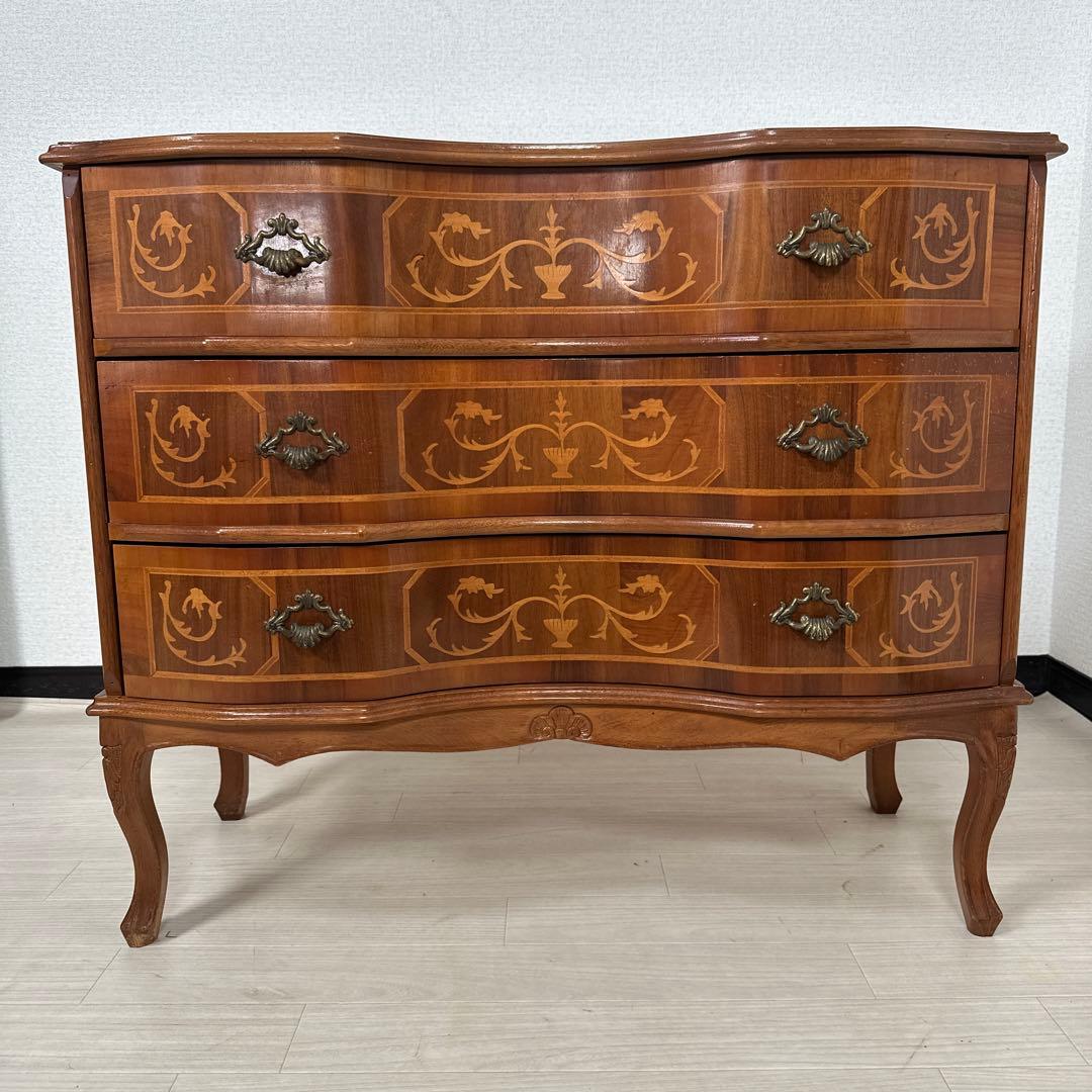 イタリア製 チェスト 3段 象嵌 金属取手 猫脚 i4※