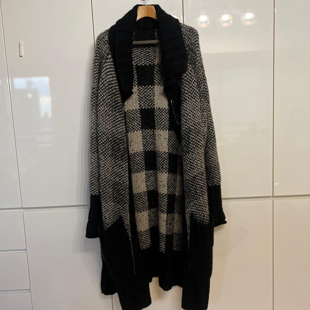 GroudY ロングニットカーディガン 黒とグレー チェック柄