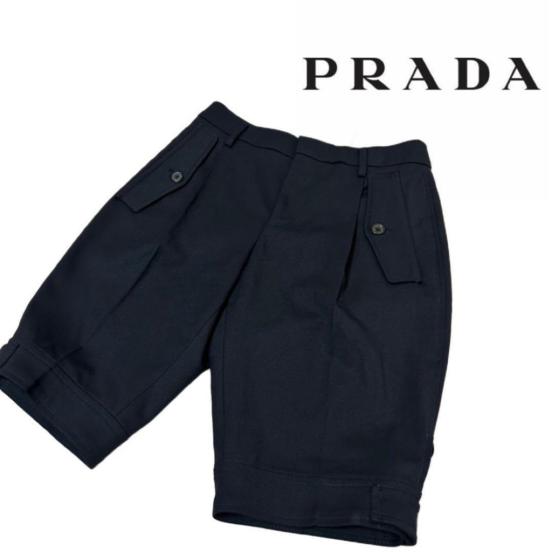 【高級バージンウール】PRADA ショートパンツ ネイビー タック レディース