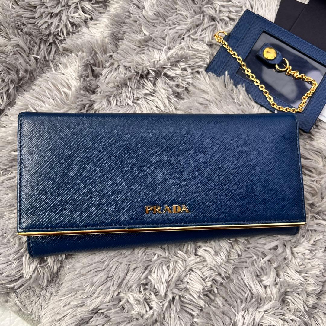 極美品✨PRADA サフィアーノ　メタルバー　メタルロゴ　2点セット　ネイビー