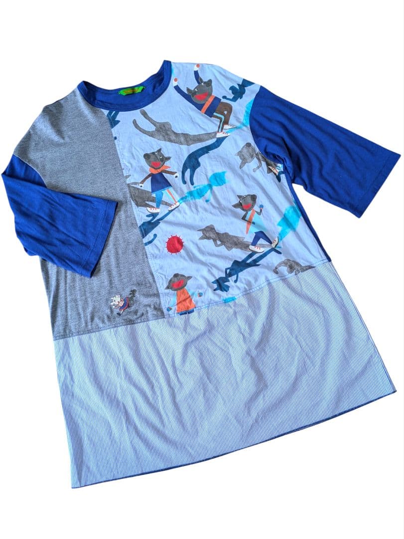 再値下げ！アルベロベロ♥️ぶたさん刺繍影絵　異素材パッチワークチュニック　ブルー