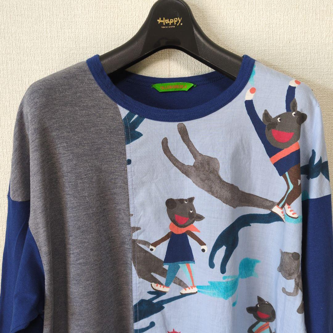 再値下げ！アルベロベロ♥️ぶたさん刺繍影絵　異素材パッチワークチュニック　ブルー