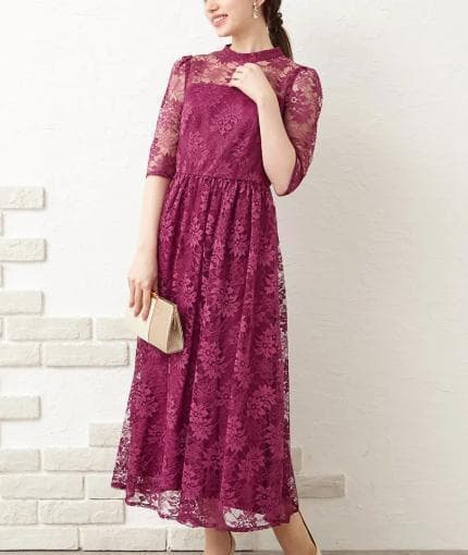 エメ AIMER プチハイネック袖付き花柄レースフィット＆フレアドレス Lサイズ