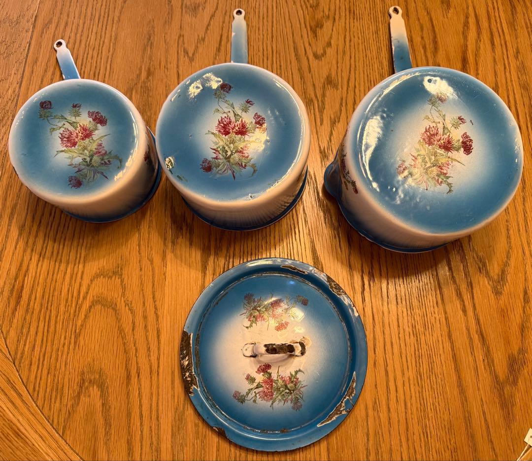 フランスアンティークホーローJapy社ウェディングセット片手鍋セット