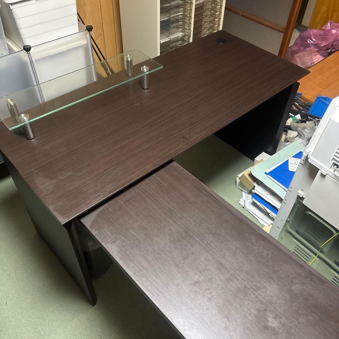 L字型 パソコンデスク ガラス棚付き ダークブラウン