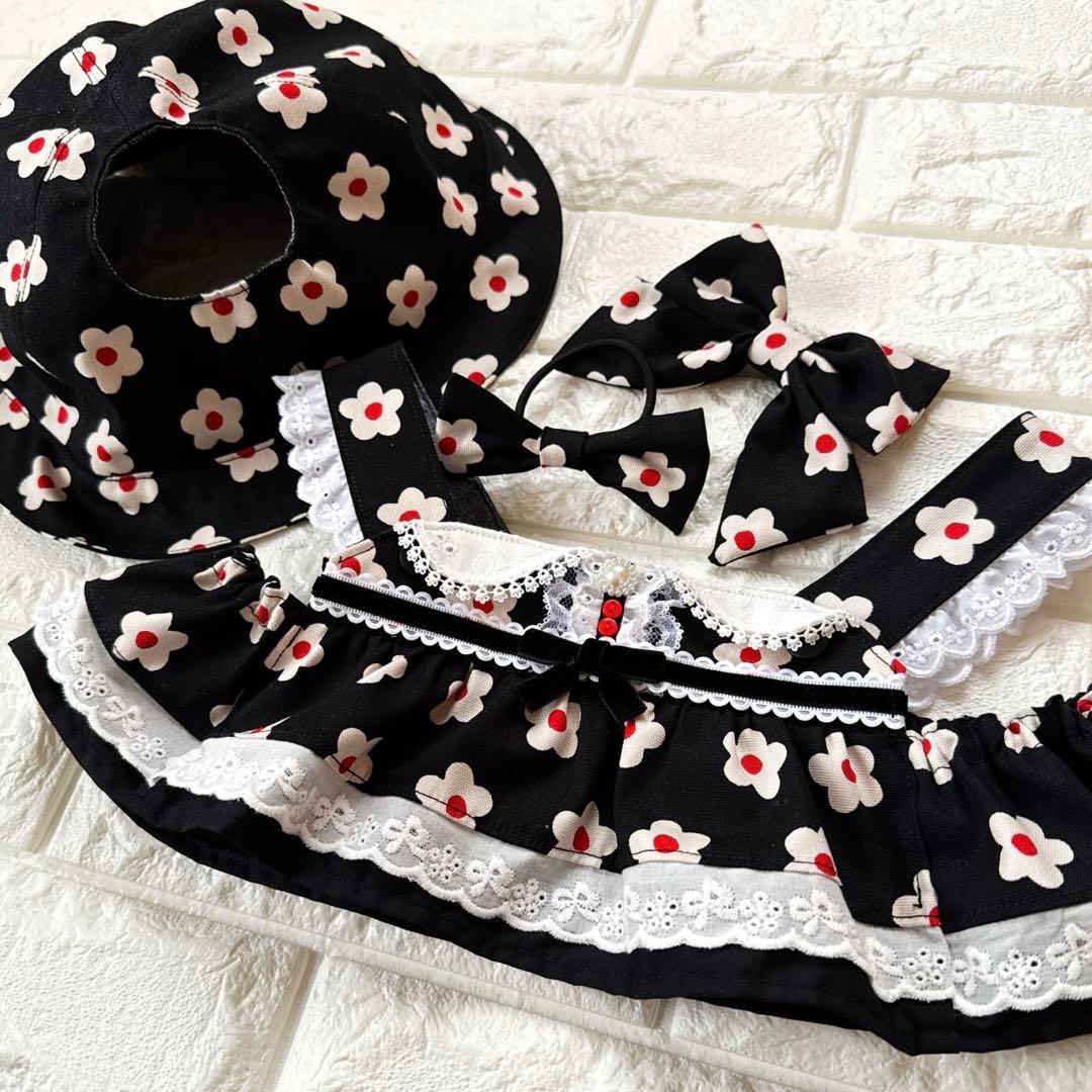 ラボット LOVOT 服 ホワイトフラワー ブラック襟付きワンピース＆帽子セット