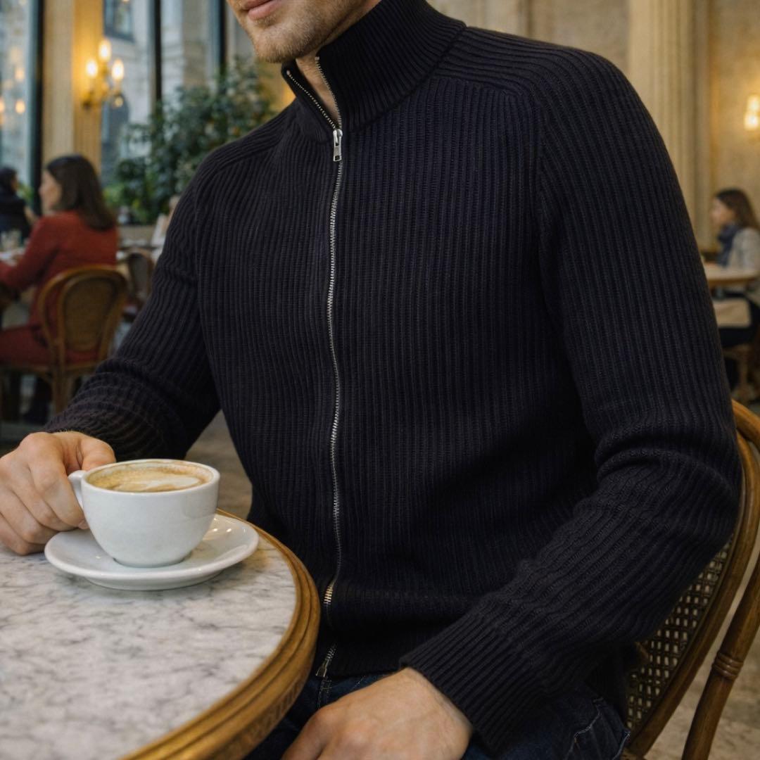 希少サイズL アルマーニ ドライバーズニット 太め リブ 高級ジップ ロゴ 黒