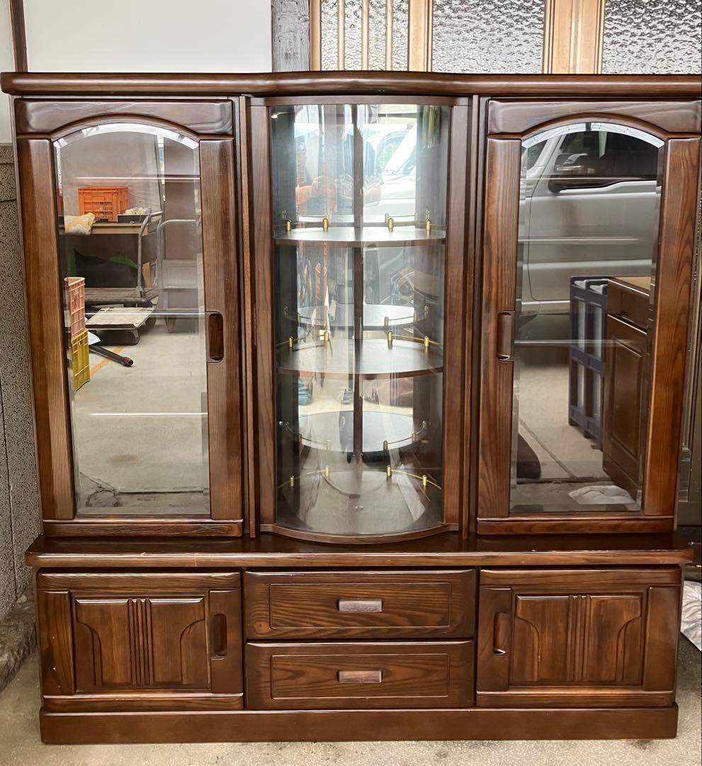 回転扉付き食器棚 飾り棚 ダークブラウン