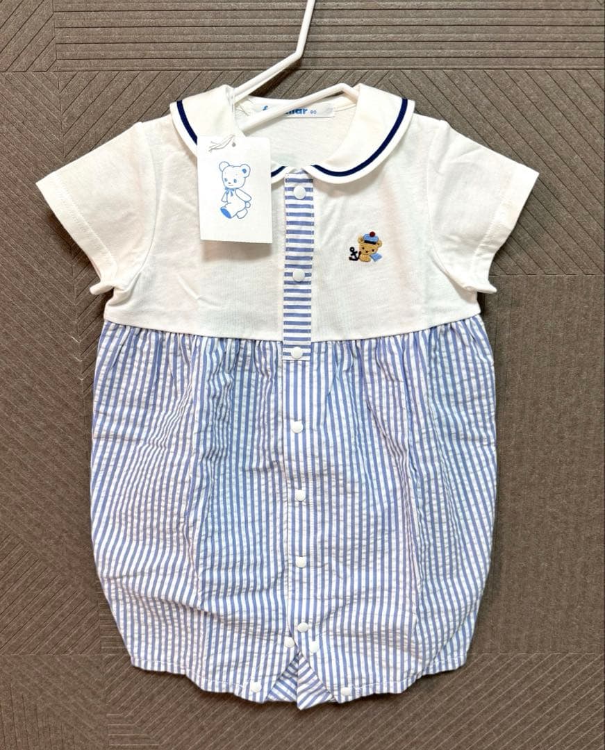 GW価格 12950→10950新品ファミリア ストライプ襟付きロンパース 80