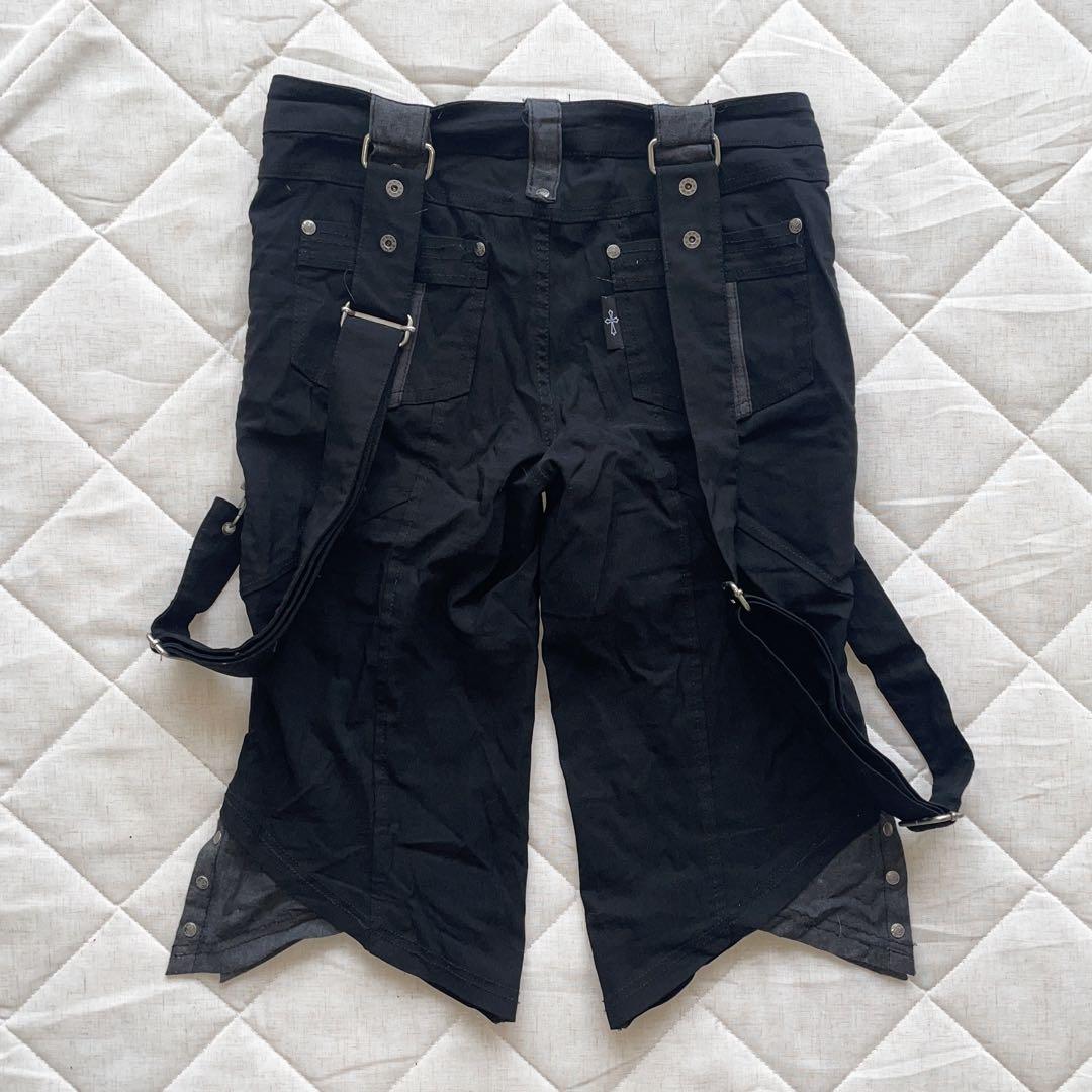 00s ozz croce サスペンダー付 龍プリントブラックデニムハーフパンツ