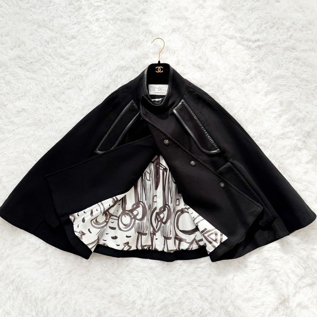 美品 ツモリチサト ポンチョ ケープコート 柄裏地 レザーパイピング ブラック