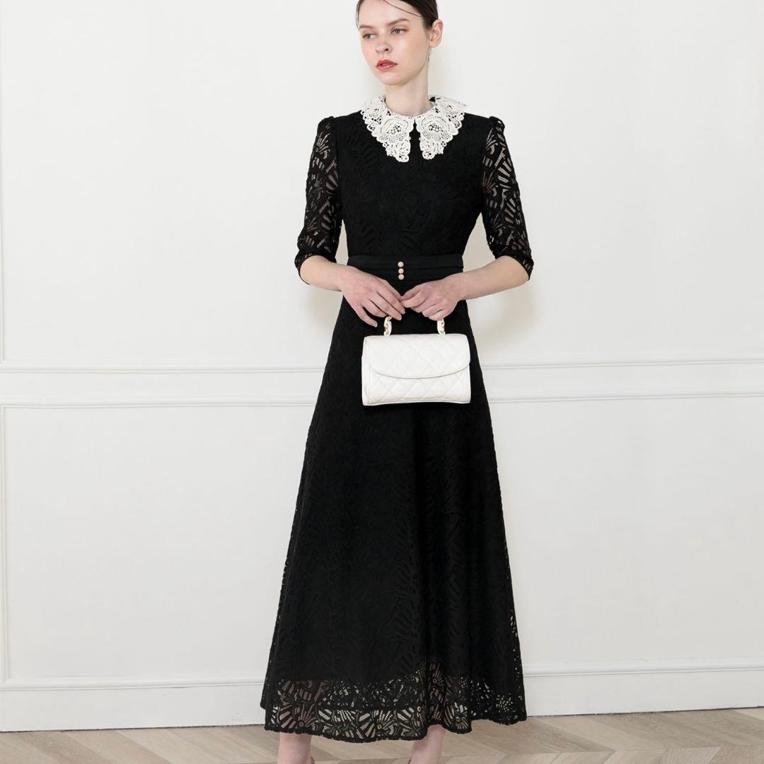 Lejaレースビッグカラー花柄刺繍ウエストマークロングフレアドレスワンピース　黒