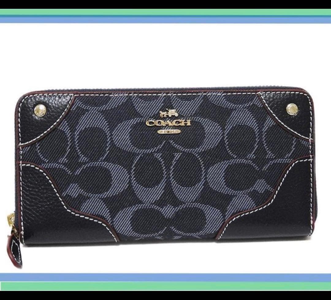 COACHコーチ デニムレザー アコーディオン アラウンド長財布 ミッドナイト