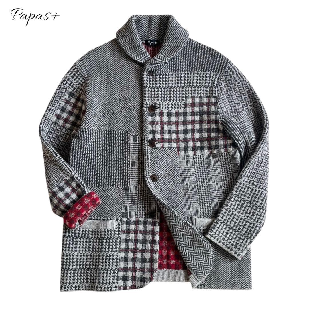 Papas+ パッチワーク風 ウール ニット ジャケット パパスプラス