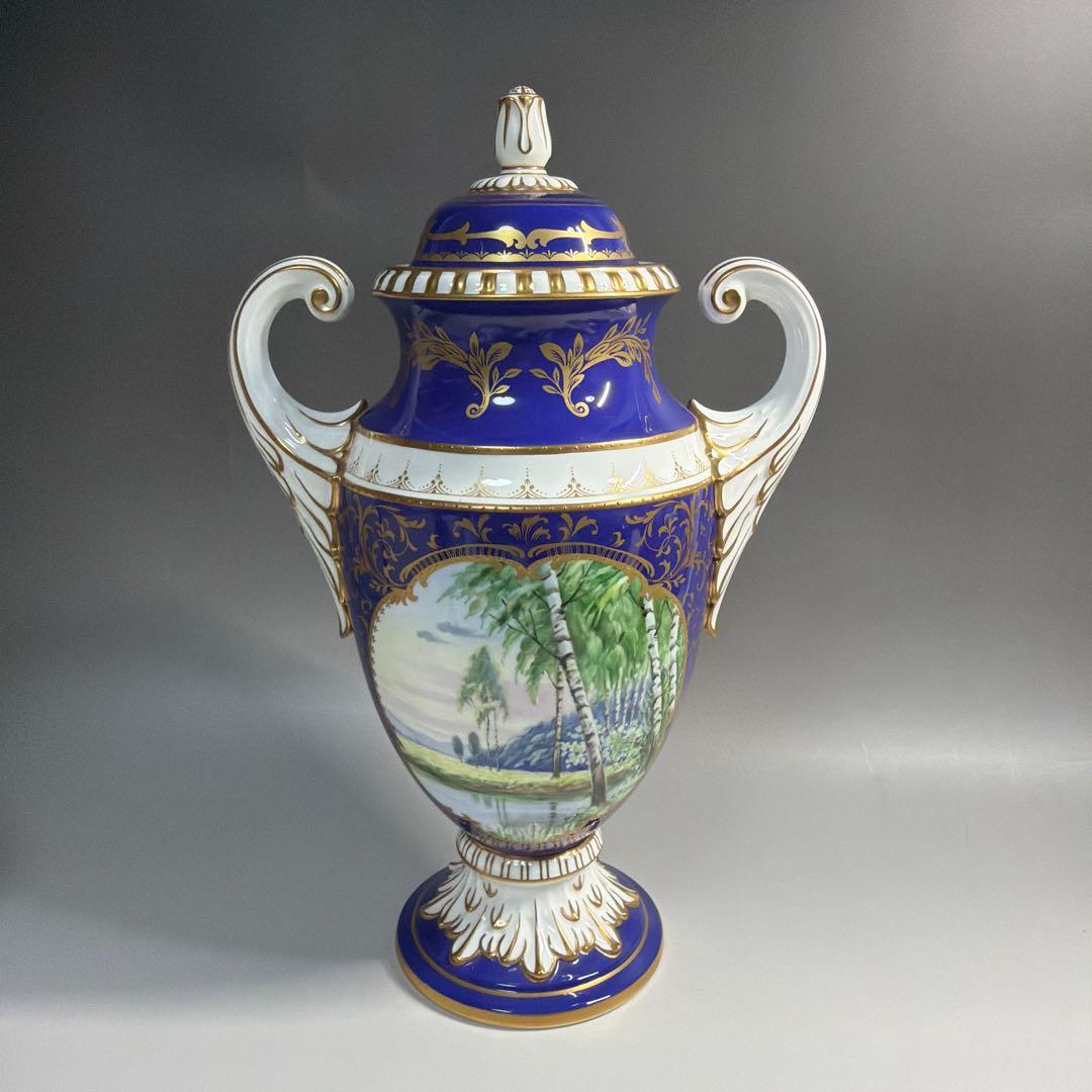 モ*モ様 ノリタケ 飾り壺 金彩 コバルトブルー ハンドペイント 風景