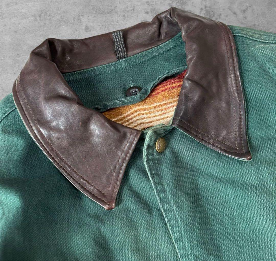 ウールリッチ古着ダック地ハンティングジャケット襟コーズレザー 80s